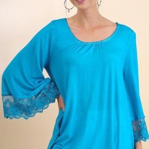 Garment Dyed Top with Lace Trimmed Angel Sleeves